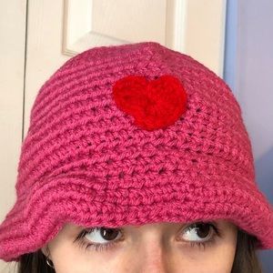 pink crochet bucket hat with red heart